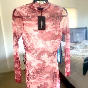 Long sleeve mesh body on dress, size 12, midi pretty little thing